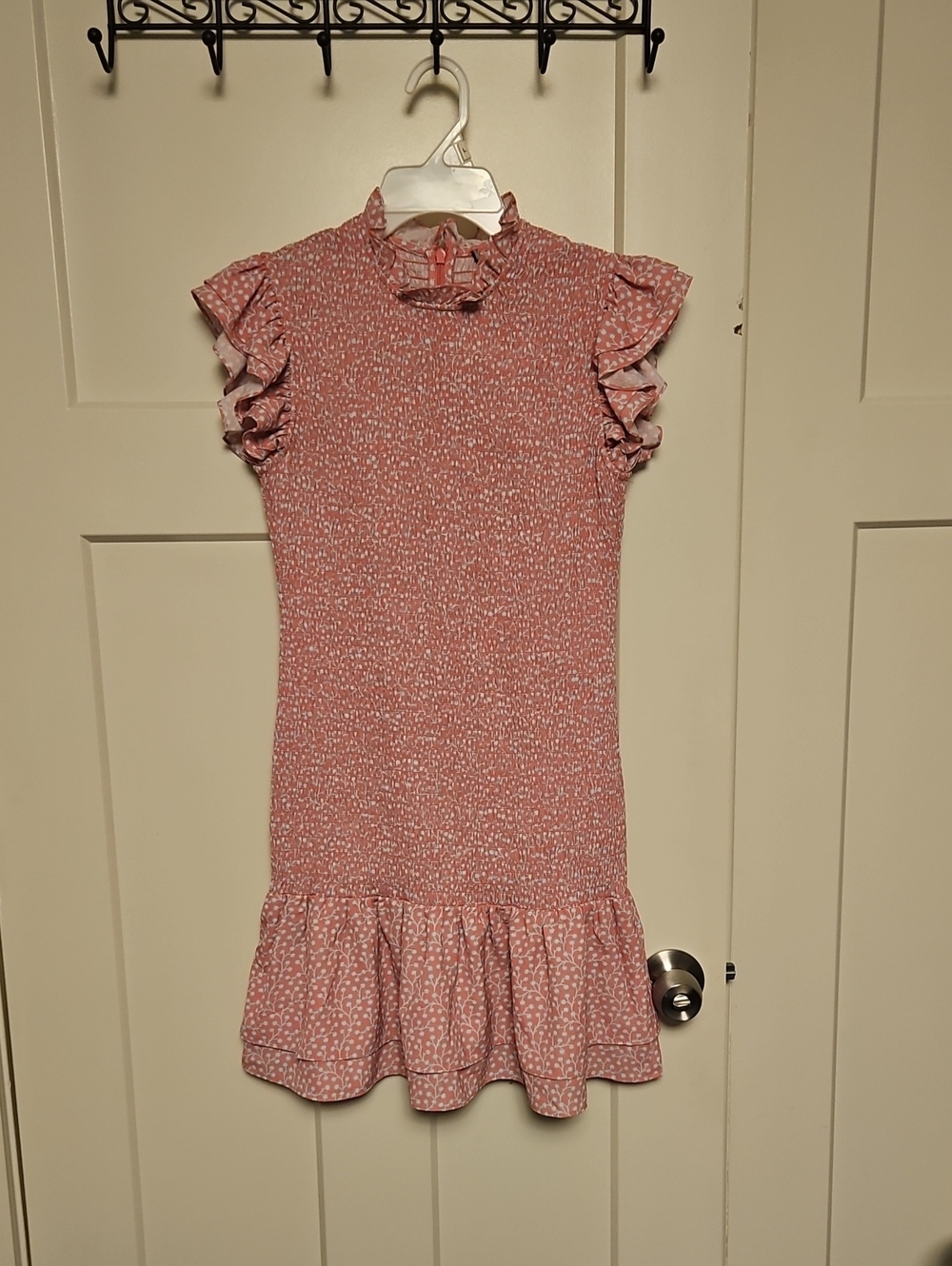 French Connection Elao Verona Crepe Smocked Pink Ruffle Sleeve Dress